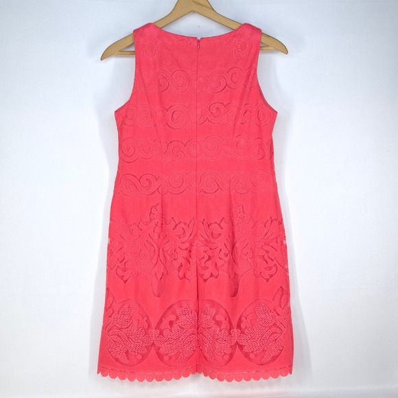 Eliza J Coral Sleeveless Lace Sheath Dress Womens 8 Scallop Hem Textured Overlay - Picture 2 of 16